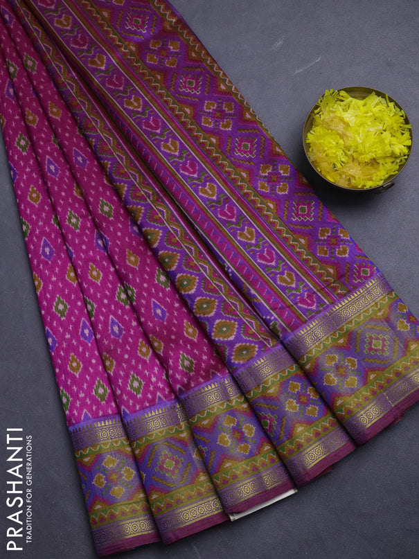 Semi tussar saree pink and blue with allover ikat prints and ikat woven zari border