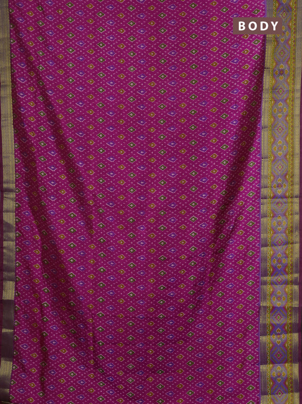 Semi tussar saree pink and blue with allover ikat prints and ikat woven zari border