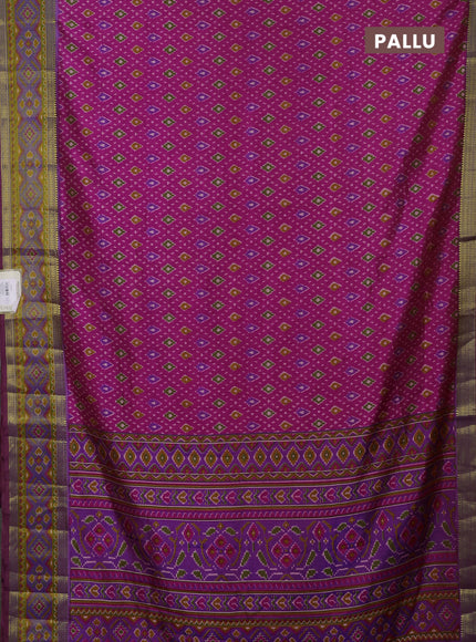 Semi tussar saree pink and blue with allover ikat prints and ikat woven zari border