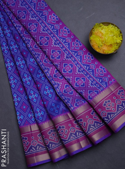 Semi tussar saree blue and pink with allover ikat prints and ikat woven zari border