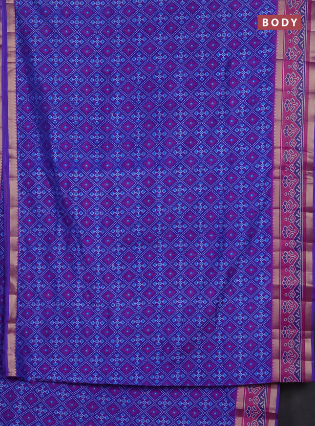 Semi tussar saree blue and pink with allover ikat prints and ikat woven zari border