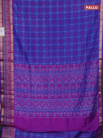 Semi tussar saree blue and pink with allover ikat prints and ikat woven zari border