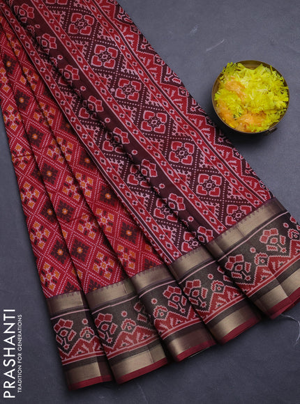 Semi tussar saree maroon with allover ikat prints and ikat woven zari border