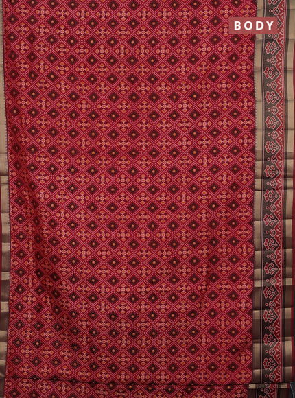 Semi tussar saree maroon with allover ikat prints and ikat woven zari border