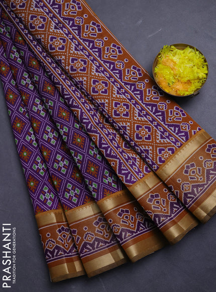 Semi tussar saree deep violet and mustard yellow with allover ikat prints and ikat woven zari border
