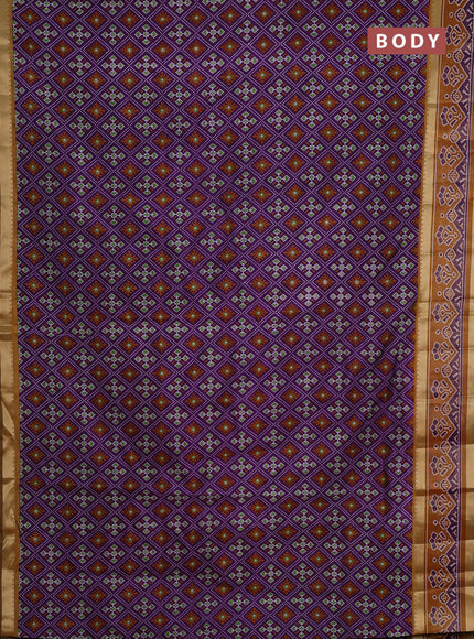 Semi tussar saree deep violet and mustard yellow with allover ikat prints and ikat woven zari border
