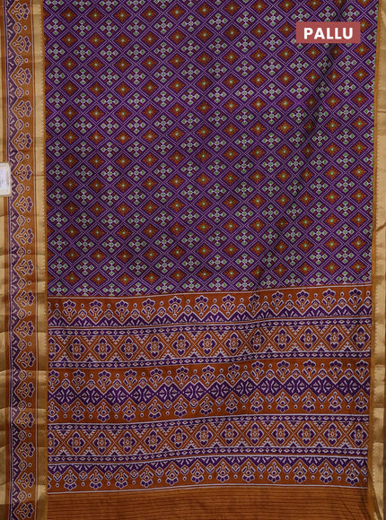 Semi tussar saree deep violet and mustard yellow with allover ikat prints and ikat woven zari border