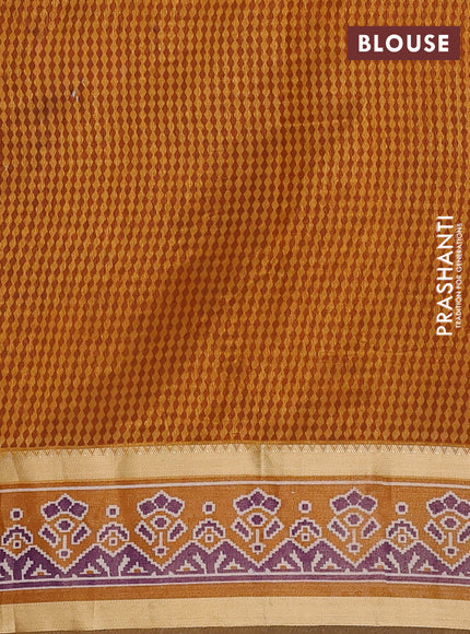 Semi tussar saree deep violet and mustard yellow with allover ikat prints and ikat woven zari border