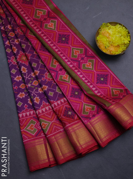 Semi tussar saree magenta pink and pink with allover ikat prints and zari woven border