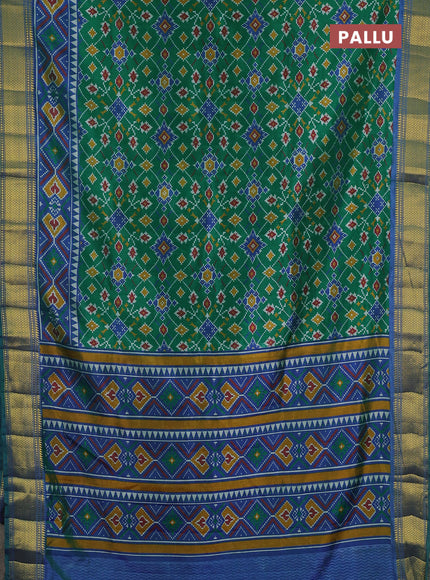 Semi tussar saree green with allover ikat prints and zari woven border
