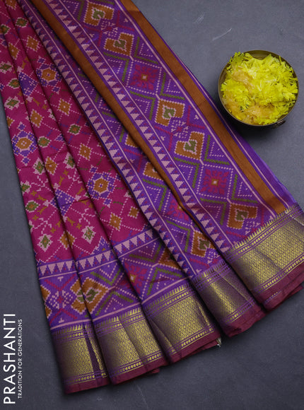 Semi tussar saree pink and purple with allover ikat prints and zari woven border