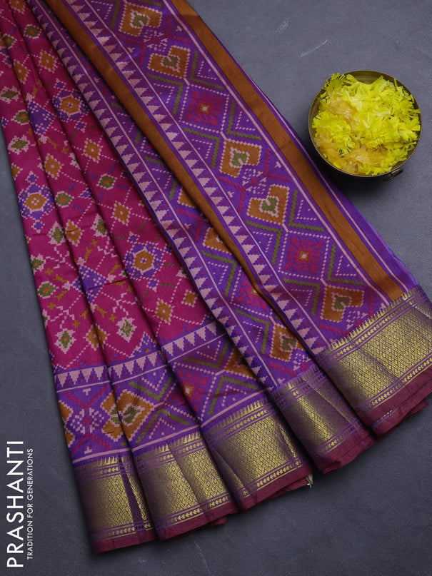 Semi tussar saree pink and purple with allover ikat prints and zari woven border