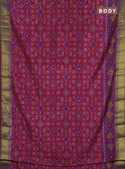 Semi tussar saree pink and purple with allover ikat prints and zari woven border