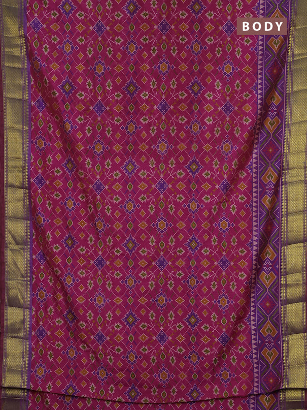 Semi tussar saree pink and purple with allover ikat prints and zari woven border