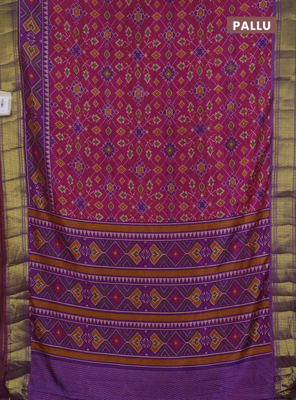 Semi tussar saree pink and purple with allover ikat prints and zari woven border
