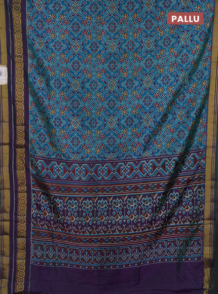 Semi tussar saree dual shade of bluish green and purple with allover ikat prints and ikat woven zari border