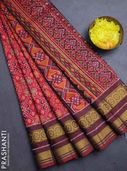 Semi tussar saree red and maroon with allover ikat prints and ikat woven zari border