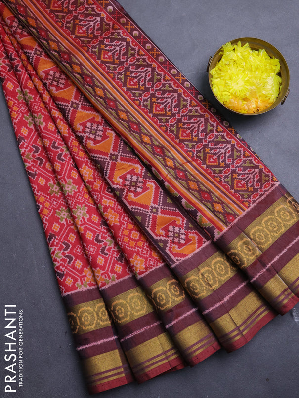 Semi tussar saree red and maroon with allover ikat prints and ikat woven zari border