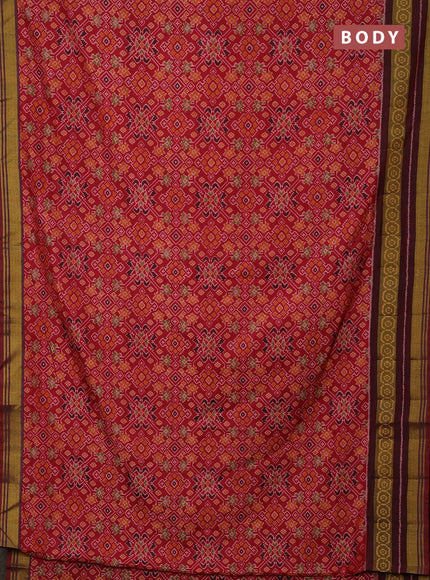 Semi tussar saree red and maroon with allover ikat prints and ikat woven zari border