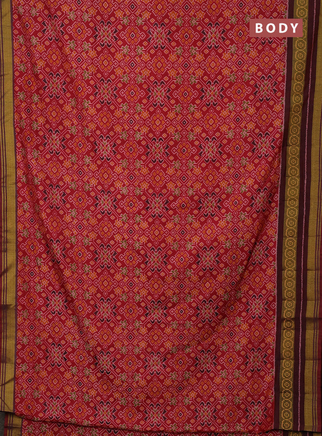 Semi tussar saree red and maroon with allover ikat prints and ikat woven zari border