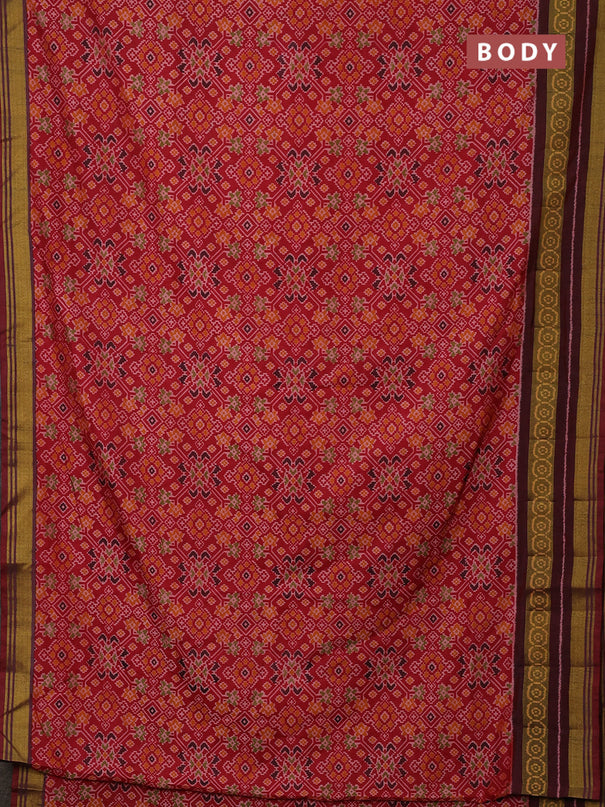 Semi tussar saree red and maroon with allover ikat prints and ikat woven zari border