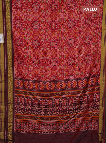 Semi tussar saree red and maroon with allover ikat prints and ikat woven zari border