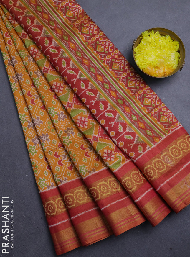 Semi tussar saree mustard yellow and maroon with allover ikat prints and ikat woven zari border