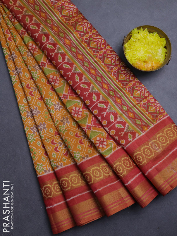 Semi tussar saree mustard yellow and maroon with allover ikat prints and ikat woven zari border
