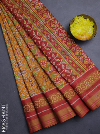 Semi tussar saree mustard yellow and maroon with allover ikat prints and ikat woven zari border