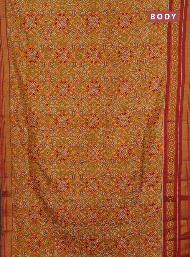 Semi tussar saree mustard yellow and maroon with allover ikat prints and ikat woven zari border