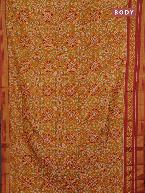 Semi tussar saree mustard yellow and maroon with allover ikat prints and ikat woven zari border