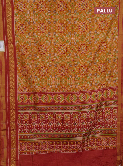 Semi tussar saree mustard yellow and maroon with allover ikat prints and ikat woven zari border