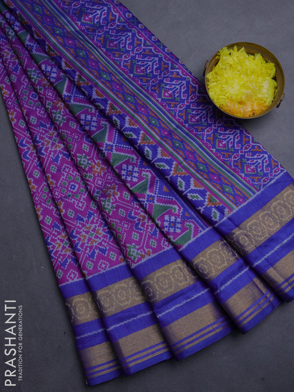 Semi tussar saree dark pink and blue with allover ikat prints and ikat woven zari border