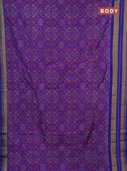 Semi tussar saree dark pink and blue with allover ikat prints and ikat woven zari border