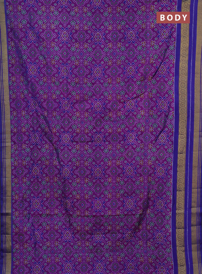 Semi tussar saree dark pink and blue with allover ikat prints and ikat woven zari border