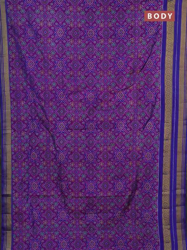 Semi tussar saree dark pink and blue with allover ikat prints and ikat woven zari border