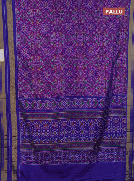 Semi tussar saree dark pink and blue with allover ikat prints and ikat woven zari border