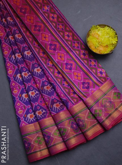 Semi tussar saree purple and dark pink with allover patola prints and ikat woven zari border