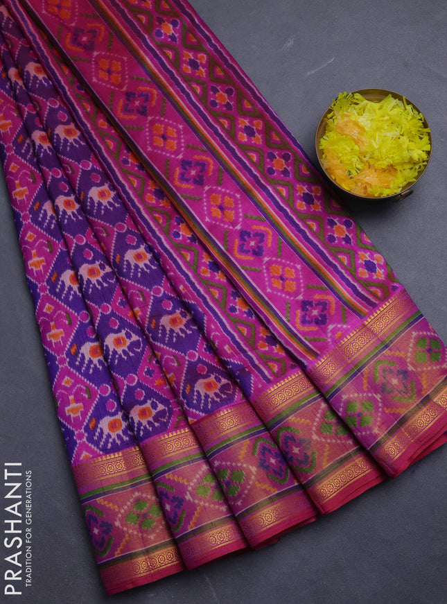 Semi tussar saree purple and dark pink with allover patola prints and ikat woven zari border