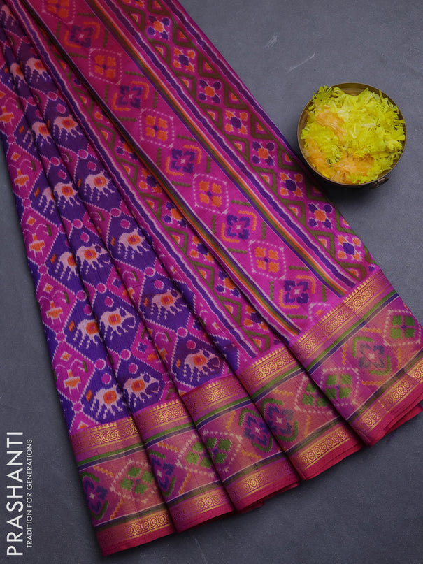 Semi tussar saree purple and dark pink with allover patola prints and ikat woven zari border