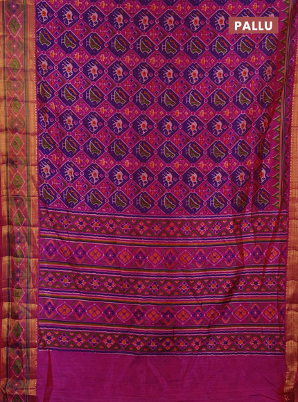 Semi tussar saree purple and dark pink with allover patola prints and ikat woven zari border