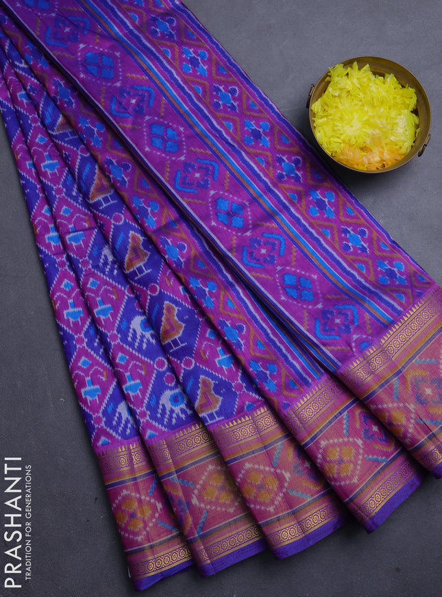 Semi tussar saree blue and purple with allover patola prints and ikat woven zari border
