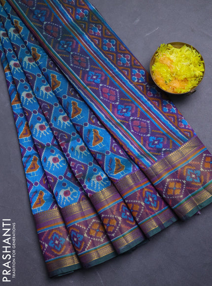Semi tussar saree blue and purple with allover patola prints and ikat woven zari border