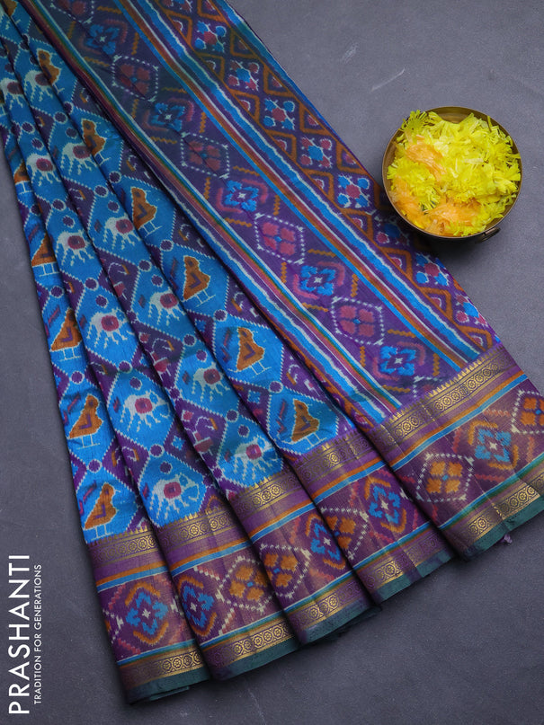 Semi tussar saree blue and purple with allover patola prints and ikat woven zari border
