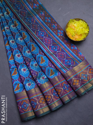 Semi tussar saree blue and purple with allover patola prints and ikat woven zari border