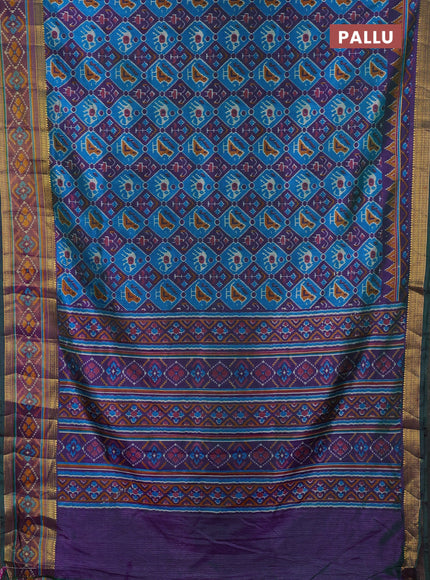 Semi tussar saree blue and purple with allover patola prints and ikat woven zari border