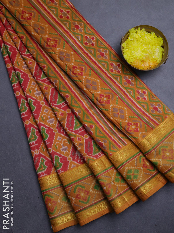 Semi tussar saree mustard yellow and maroon with allover patola prints and ikat woven zari border