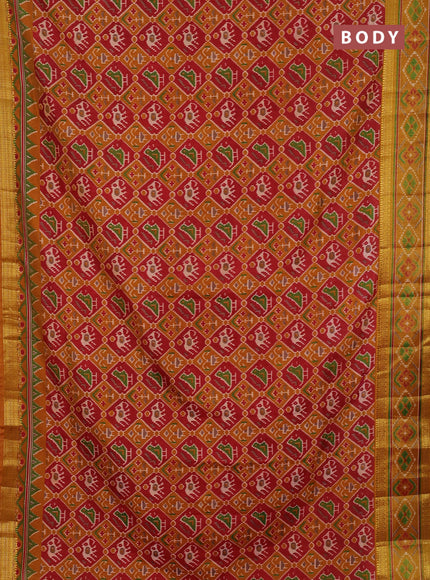 Semi tussar saree mustard yellow and maroon with allover patola prints and ikat woven zari border