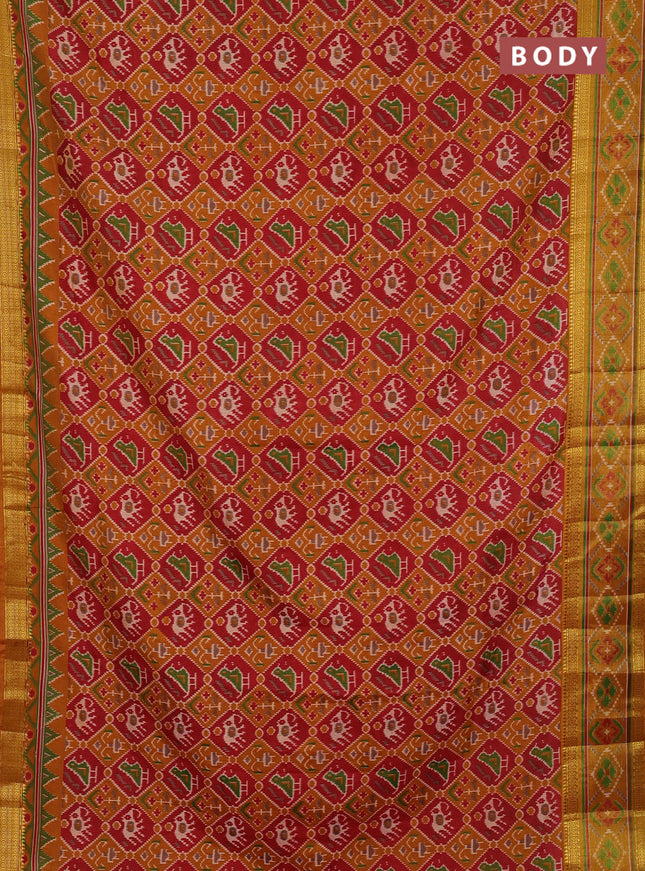 Semi tussar saree mustard yellow and maroon with allover patola prints and ikat woven zari border
