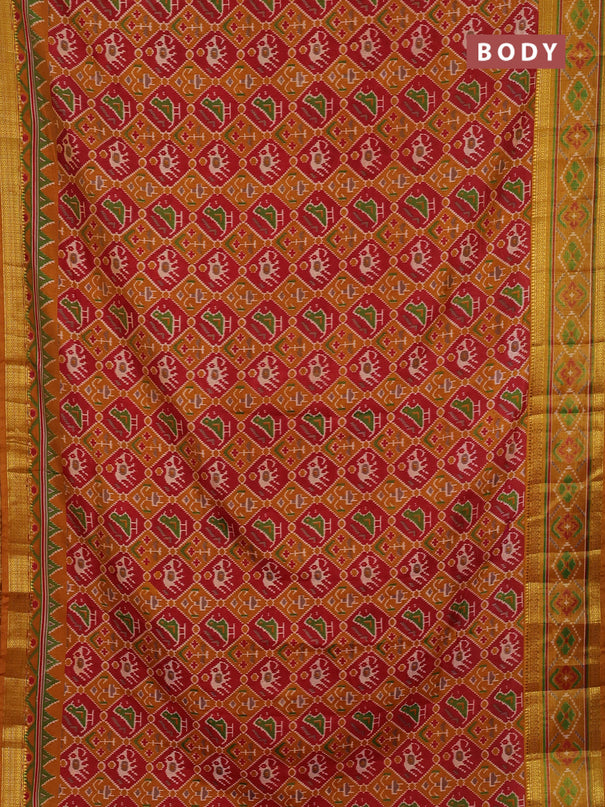 Semi tussar saree mustard yellow and maroon with allover patola prints and ikat woven zari border